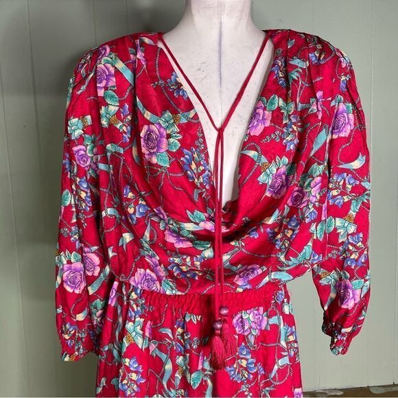 Vintage 80s Designer Diane Freis 100% Silk Beaded Plunge Floral‎ Midi Dress S M - Picture 5 of 12